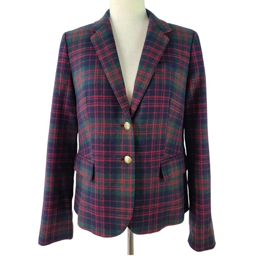 J. Crew Plaid Multicolor Navy Blue Red Preppy Schoolgirl Formal Button Up Blazer